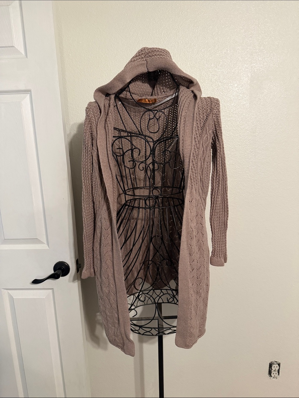 Belldini Hooded Open-Front Cable Knit Cardigan - Taupe